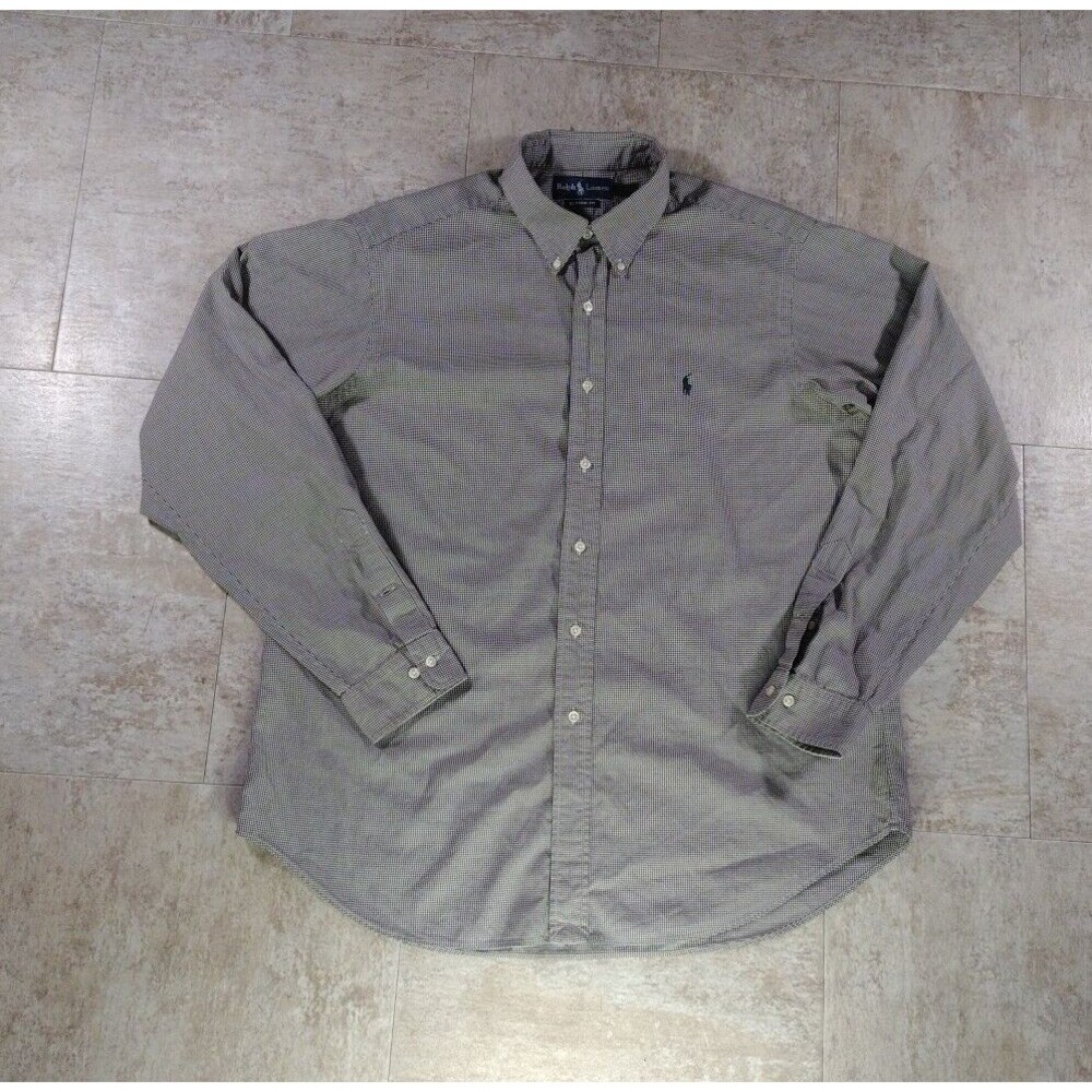 Polo by Ralph Lauren Button Down Shirt Mens 17 XL Tan Black Cotton Long Sleeve